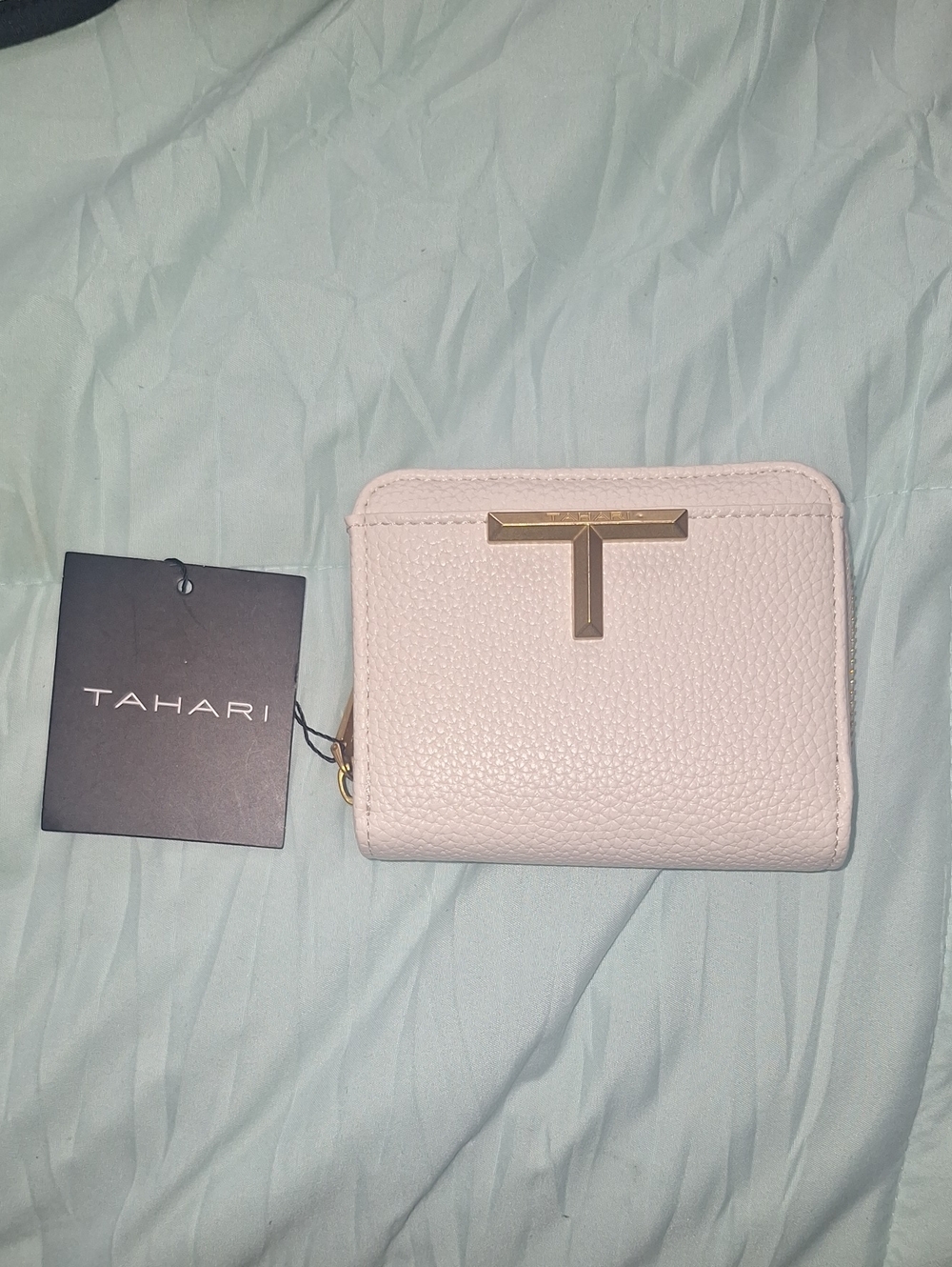 Tahari Light Pink Zip-Around Compact Wallet with Gold T Accent